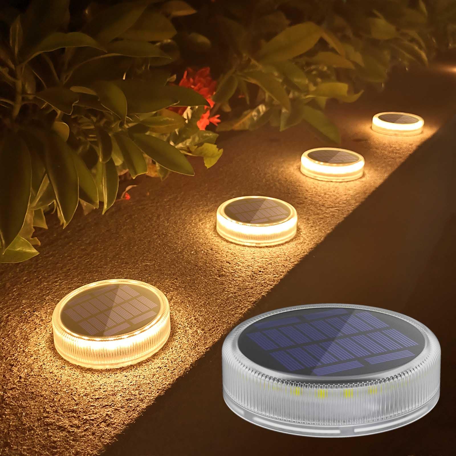 Photo 1 of Lacasa 4-Pack Solar Deck Lights Outdoor Waterproof LED, Garden Step Lights Solar Powered Driveway Dock Lights Marine, Dusk to Dawn Lighting for Yard Patio Pathway, Round, Warm White