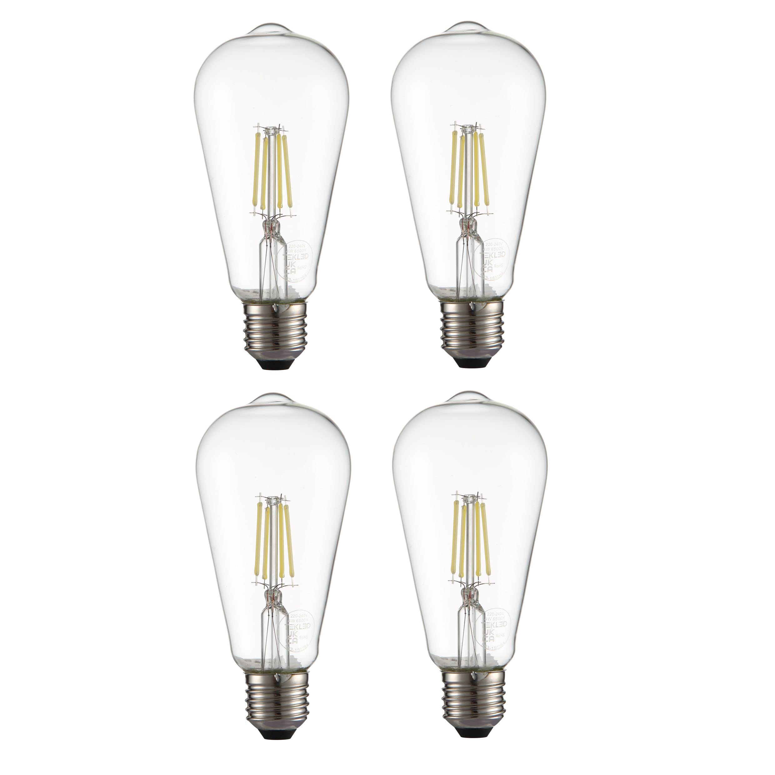 TEKLED® ST64 Filament Vintage LED Bulbs | E27 Edison Screw | Energy Saving 4W Light Bulb 40W Equivalent | NONDIMMABLE Clear 6500K 470LM | 4-Pack | Daylight