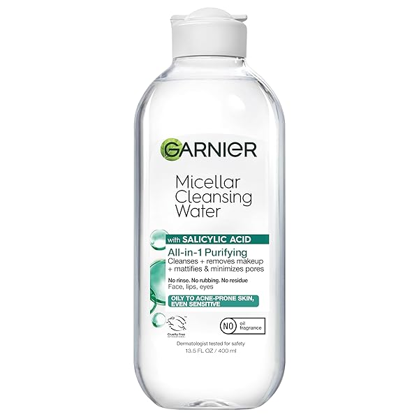 GARNIER MICELLAR WATER WITH SALICYLIC ACID, ALL-IN-1 MATTIFYING FACIAL CLEANSER AND MAKEUP REMOVER FOR OILY AND ACNE PRONE SKIN, 13.5 FL OZ