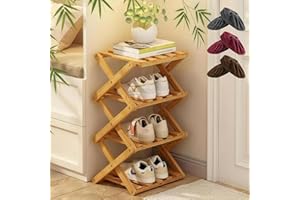 4-Tier Bamboo Shoe Rack, Small Tall Slim Foldable Vertical Wooden Shoes Stand Shelf for Narrow Hallway, Corner Space and Unde