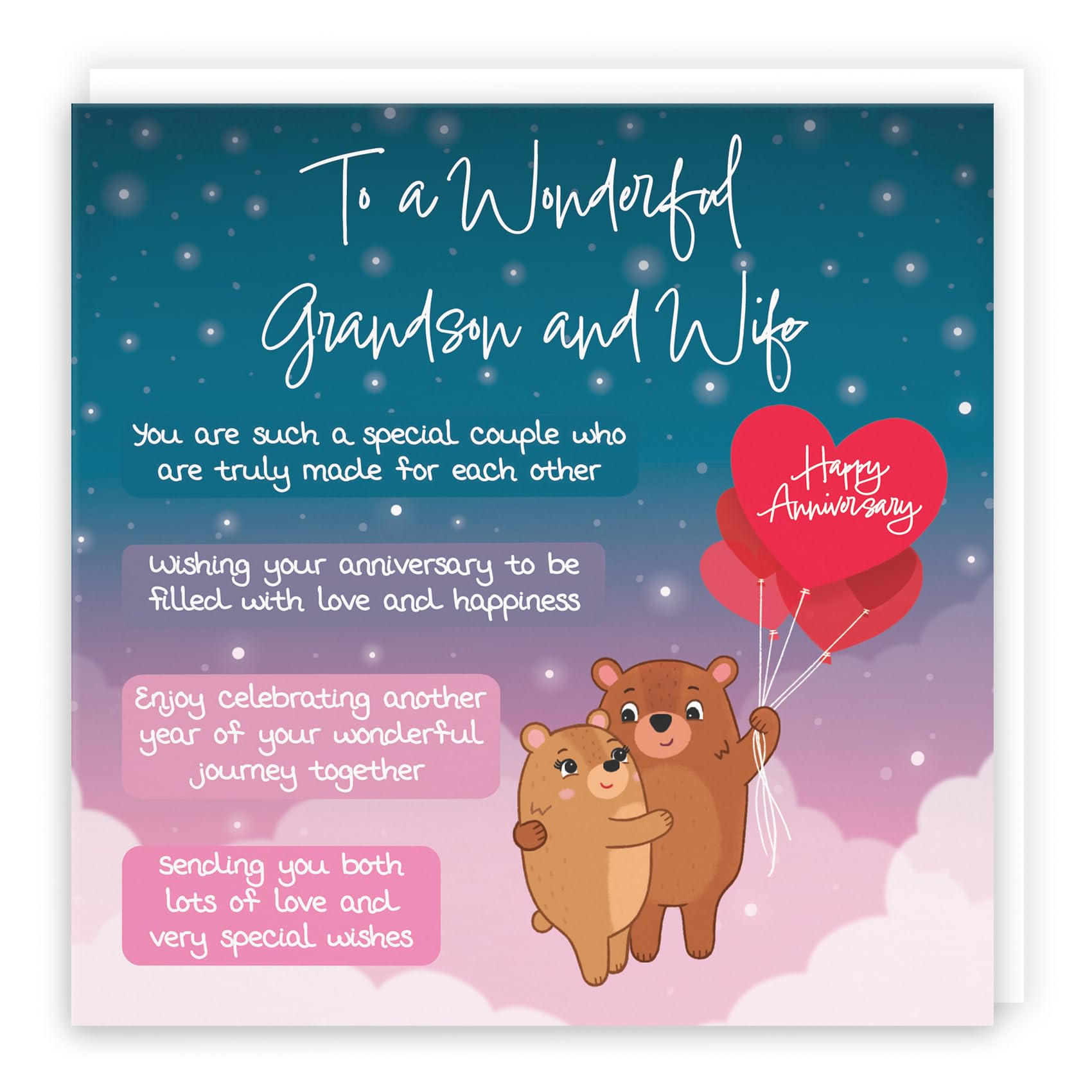 Hunts England - Grandson And Wife Poem Anniversary Card - Starry Night - Cute Bears - Verse Anniversary Card For Grandson And Wife - Happy Anniversary Grandson And Wife Anniversary Card