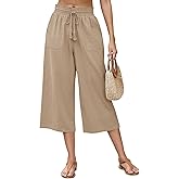 LOMON Women's Linen Capri Pants Wide Leg with Drawstring Elastic Waist Casual Cropped Pant