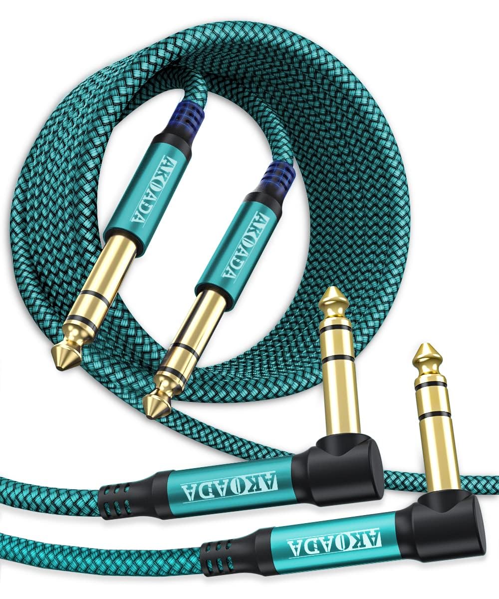 AkoaDa 6.35mm to 6.35mm TRS Instrument Cable 2-Pack, Professional 1/4 Inch Jack to Jack Cable with Nylon Braid for Amplifier, Keyboard, Speaker(Green, 3.0m)