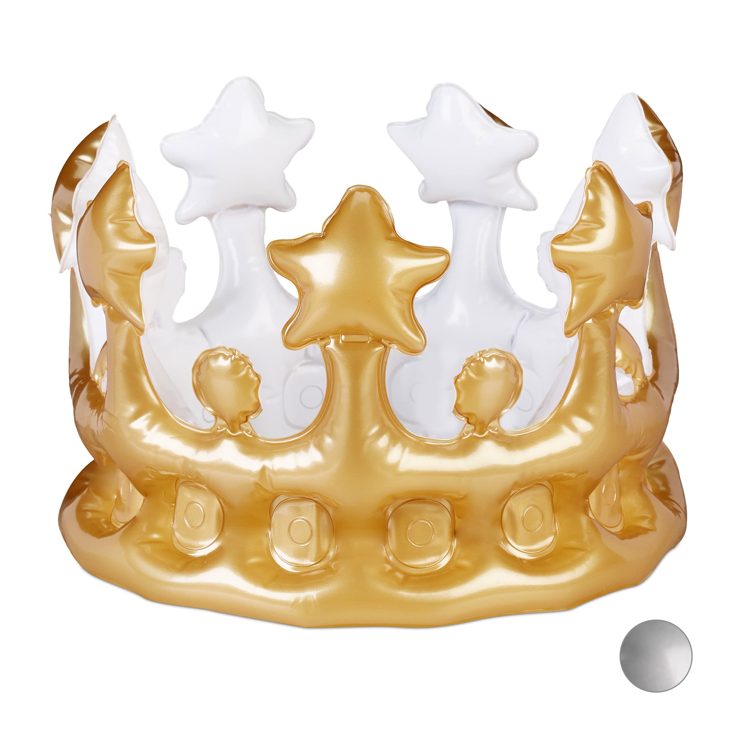 Relaxdays Inflatable Crown, Carnival Costume Accessory, Princess, King, Queen & Birthday Crown, Golden