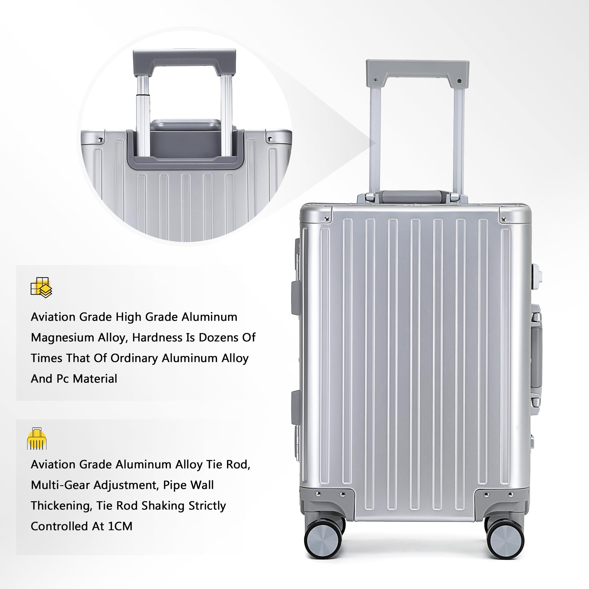 YYW All aluminum-magnesium Carry-On Luggage 20 Inch,Airline Approved Lightweight Suitcase with TSA Lock and Silent Wheels,Suitable for business travel (Silver, 20in)