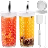 ASANMEYO 2 Pcs 24oz Glass Cups Set, Mason Jar Drinking Glasses with Lids and Straws & 2 Airtight Lids, Cute Reusable Smoothie cups, Iced Coffee Cups, Travel Tumbler for Bubble Tea, Juice, Gift