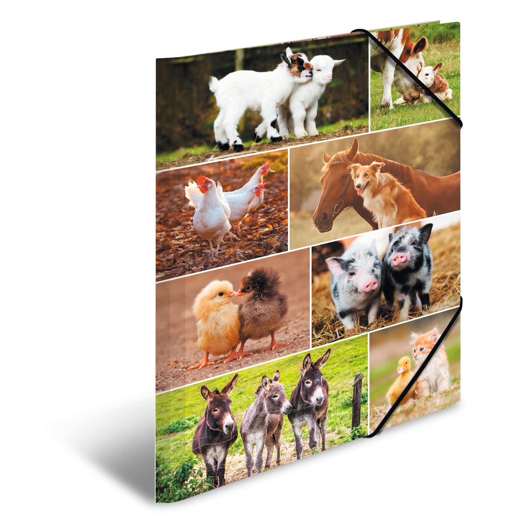 HERMA 19454 Portfolio Folders A3 Animal Worlds Farm Animals, Pack of 3, Children's Cardboard Corner Folder with Inner Print and Elastic Band, Sturdy Cardboard Folders Set for Boys and Girls