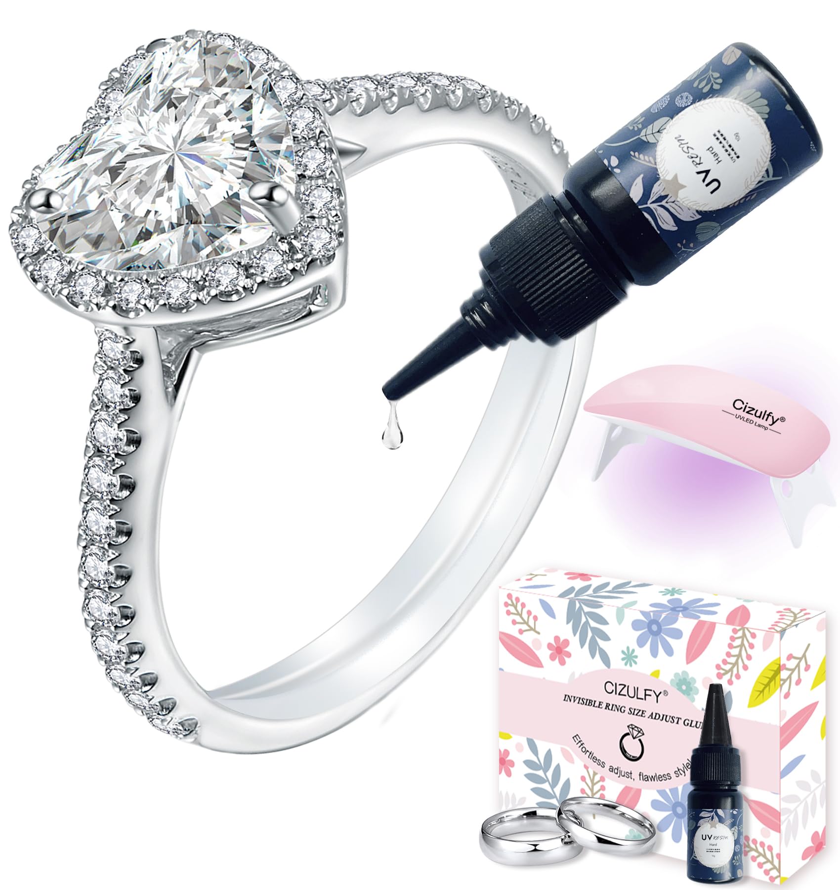 Photo 1 of CIZULFY Ring Sizer for Loose Rings, 3 Invisible Solutions Ring Tightener Resizer for Women Men, Clear Silicone Wrap,UV Resin UV Lamp kits and User Manual