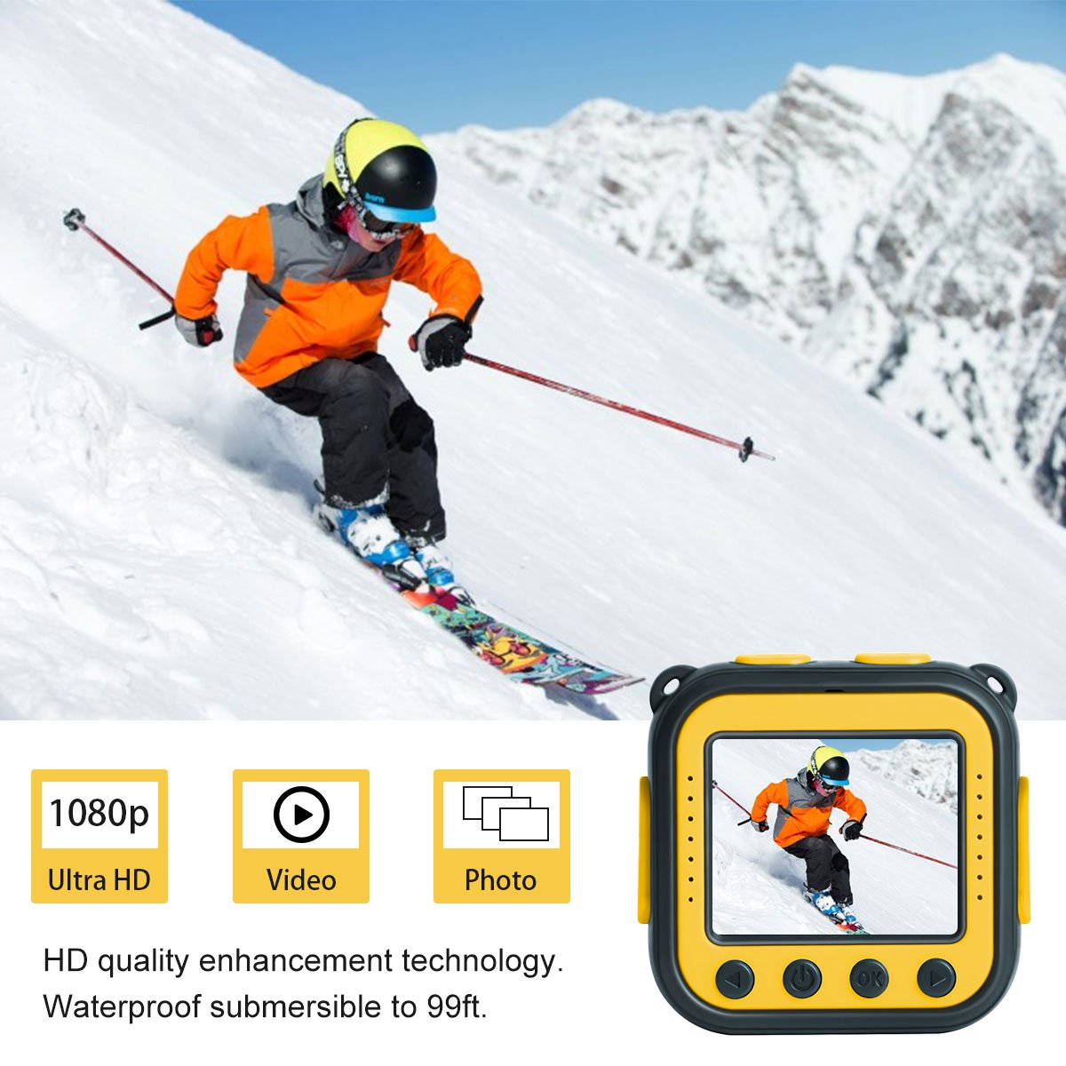 Prograce [Upgraded] Kids Camera Waterproof Action Video Digital Camera 1080 HD Camcorder for Boys Girls Toys Gifts Build-in Game(Yellow)