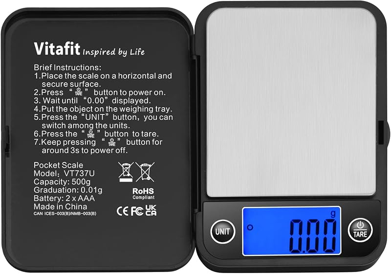 Vitafit 500g Digital Pocket Scale 0.01g High Accuracy Black