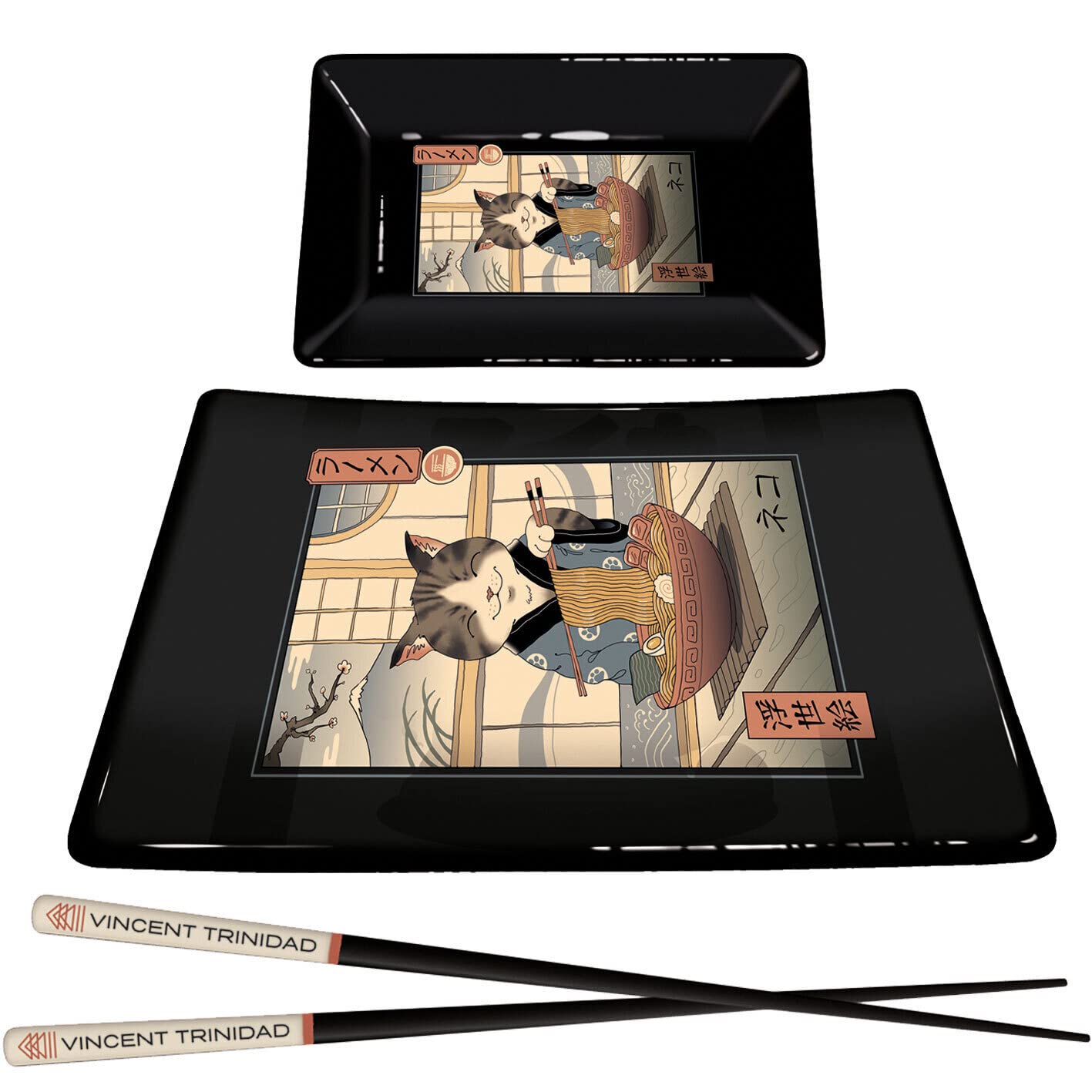 Vincent Trinidad Sushi Set with Ceramic Sushi Platter, Dipping Tray and Lacquered Wooden Chopsticks (Neko Cat Design) - Official Merchandise, GP85783