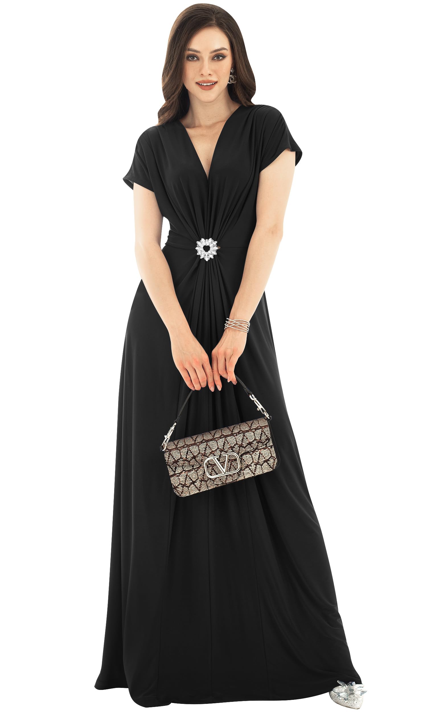 Photo 1 of KOH KOH Womens Long Floor Length V-Neck Short Sleeve Flowy Summer Spring Party Bridesmaids Semi Formal Maternity Prom Wedding Gown Gowns Maxi Dress Dresses, Black M 8-10