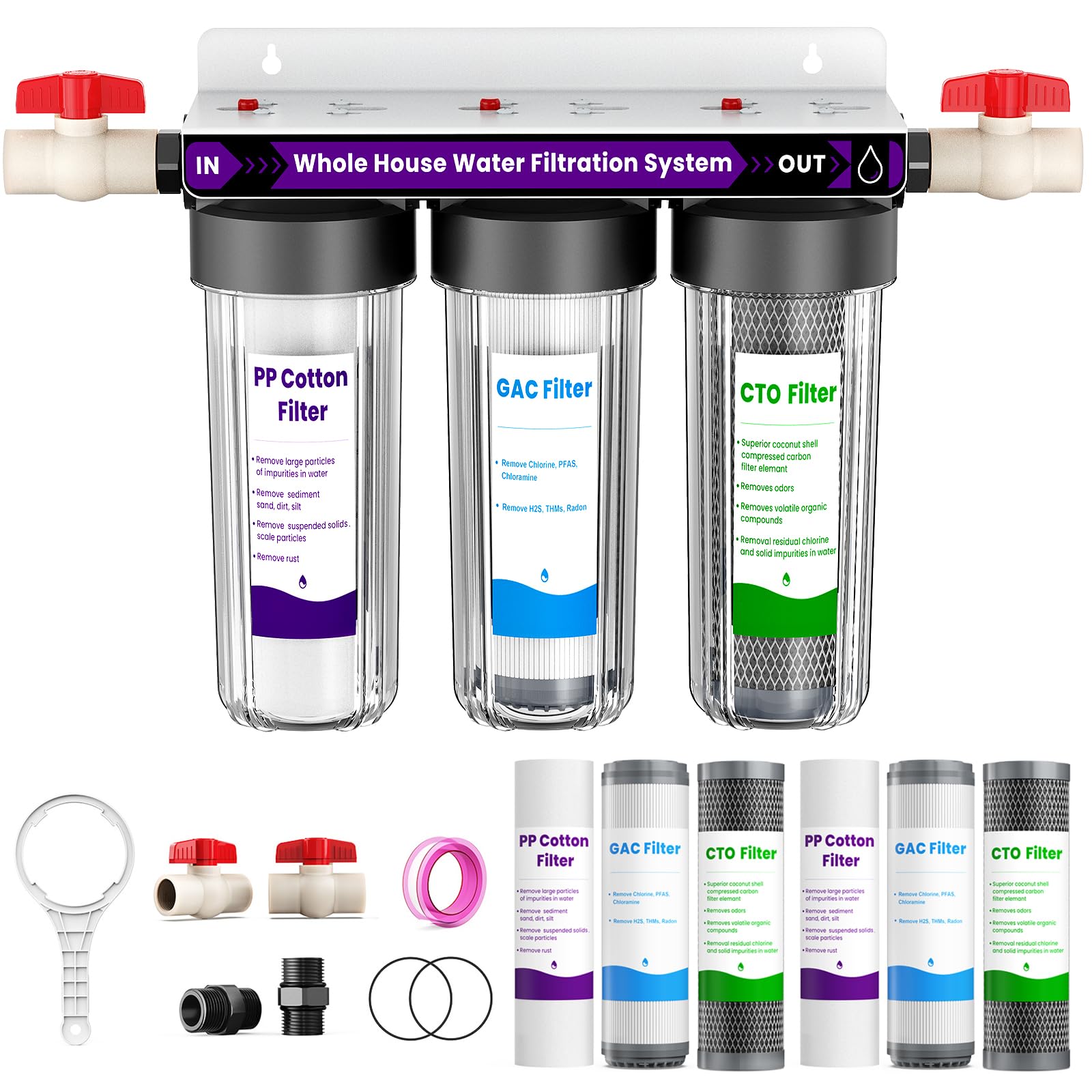 Photo 1 of Whole House Water Filter System, 3-Stage Home Water Filtration System Highly Reduces Chlorine Odor,Taste, Delivers Crisp Water for Healthier Skin, 3/4" Ports with 2 Valves, Extra 2 Sets Filter Supply