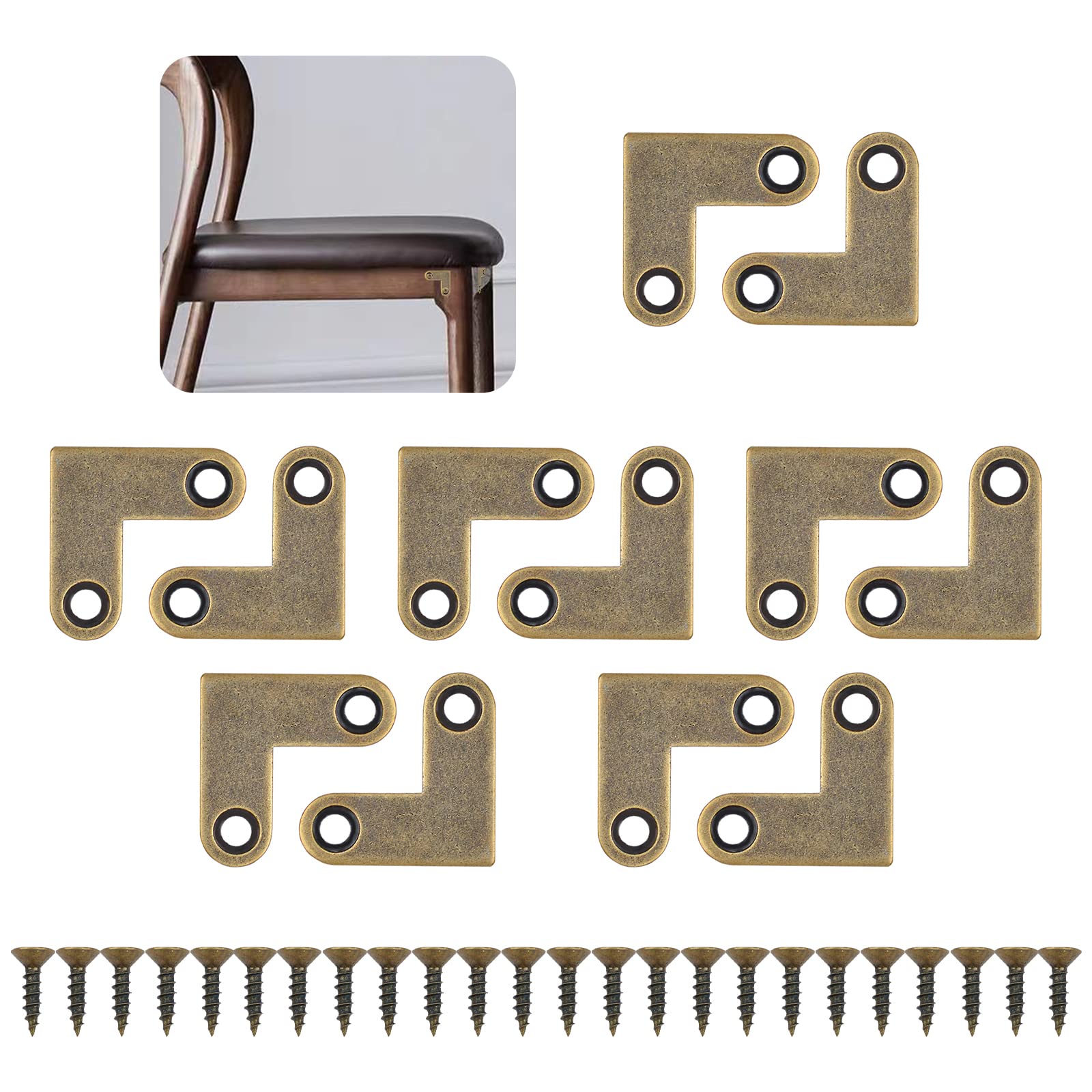 UFURMATE Flat Corner Braces, 12Pcs Brass Corner Brace Brackets Heavy Duty 90 Degree Angle L-Shaped Metal Flat Corner Brace with Screws & Plastic Box for Table, Chair, Cabinet (Bronze)