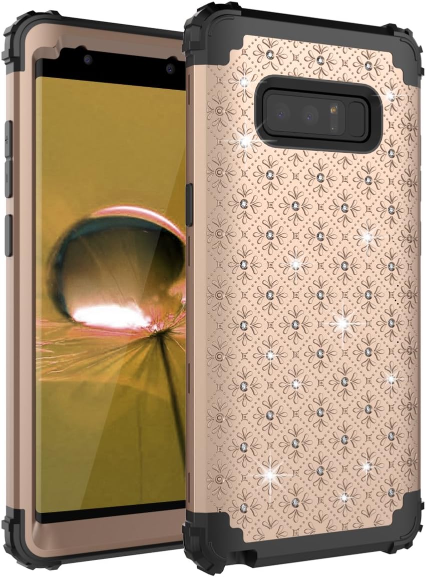 AdiWon Samsung Galaxy Note 8 Case Glitter Bling Crystal Diamond Girly Rhinestone for Girls/Women Three Layer Hybrid Shockproof Protective Cover,Gold Black