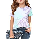 Haloumoning Girls Tie Dye Short Sleeve Shirt Kids Summer Fashion Crewneck Tops Casual Tees 5-14 Years