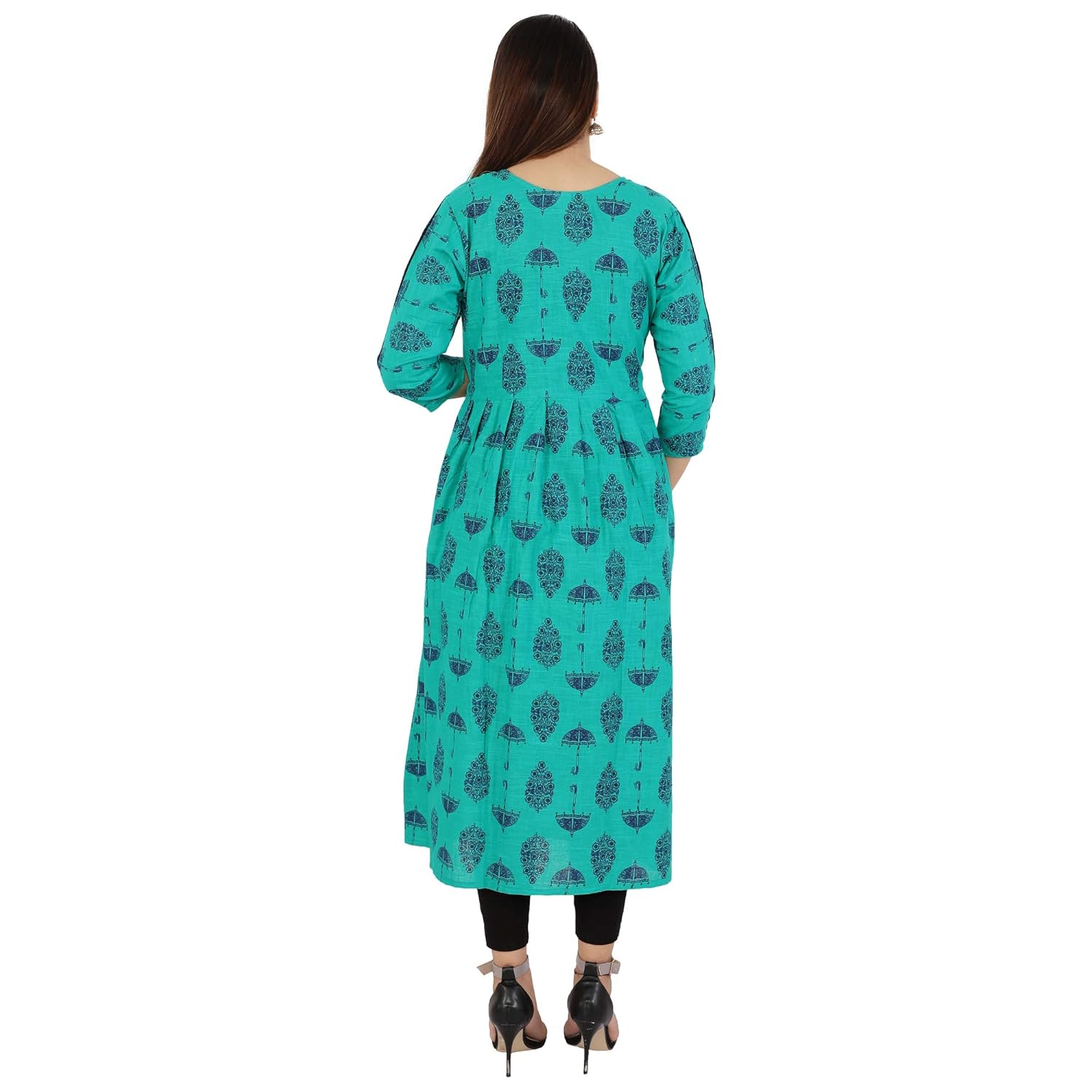 scion women's rama green printed cotton slub anarkali kurti for women
