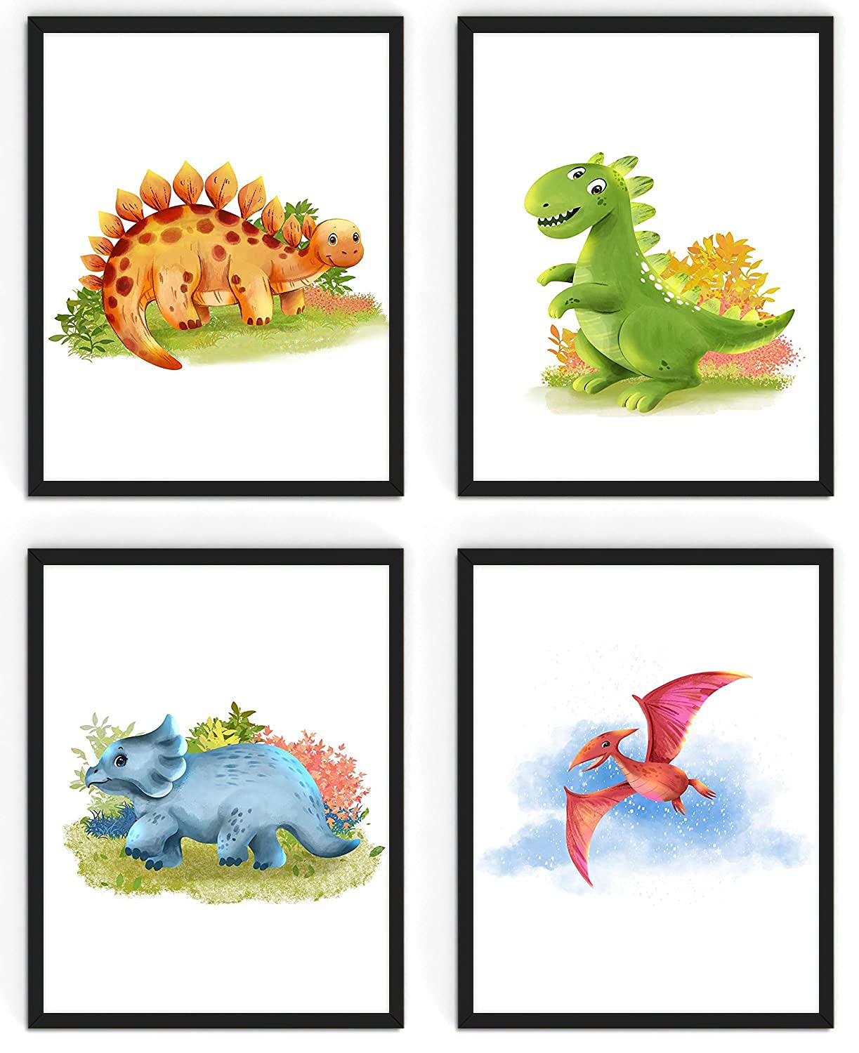 WIETRE® Set of 4 Pictures Dinosaurs Nursery Baby Room Decoration, Picture Boy Girl Posters DIN A4, Dinos T-Rex Animals (with Black Frame)