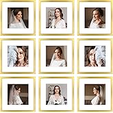 BSRHOME 12x12 Picture Frame Set of 9, Display Pictures 8x8 with Mat or 12x12 without Mat, Multi Collage Gallery Square Photo Frames for Wall or Tabletop, Gold
