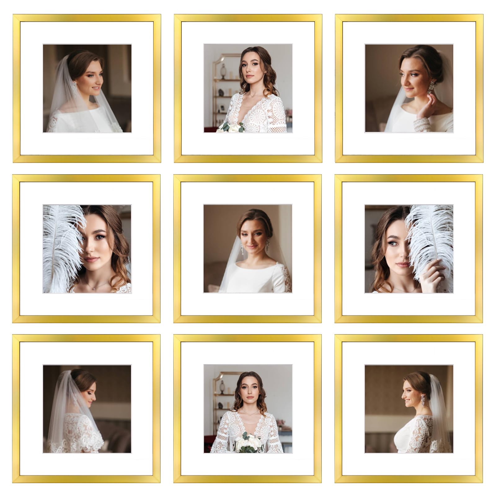 Photo 1 of BSRHOME 12x12 Picture Frame Set of 9, Display Pictures 8x8 with Mat or 12x12 without Mat, Multi Collage Gallery Square Photo Frames for Wall or Tabletop, Gold