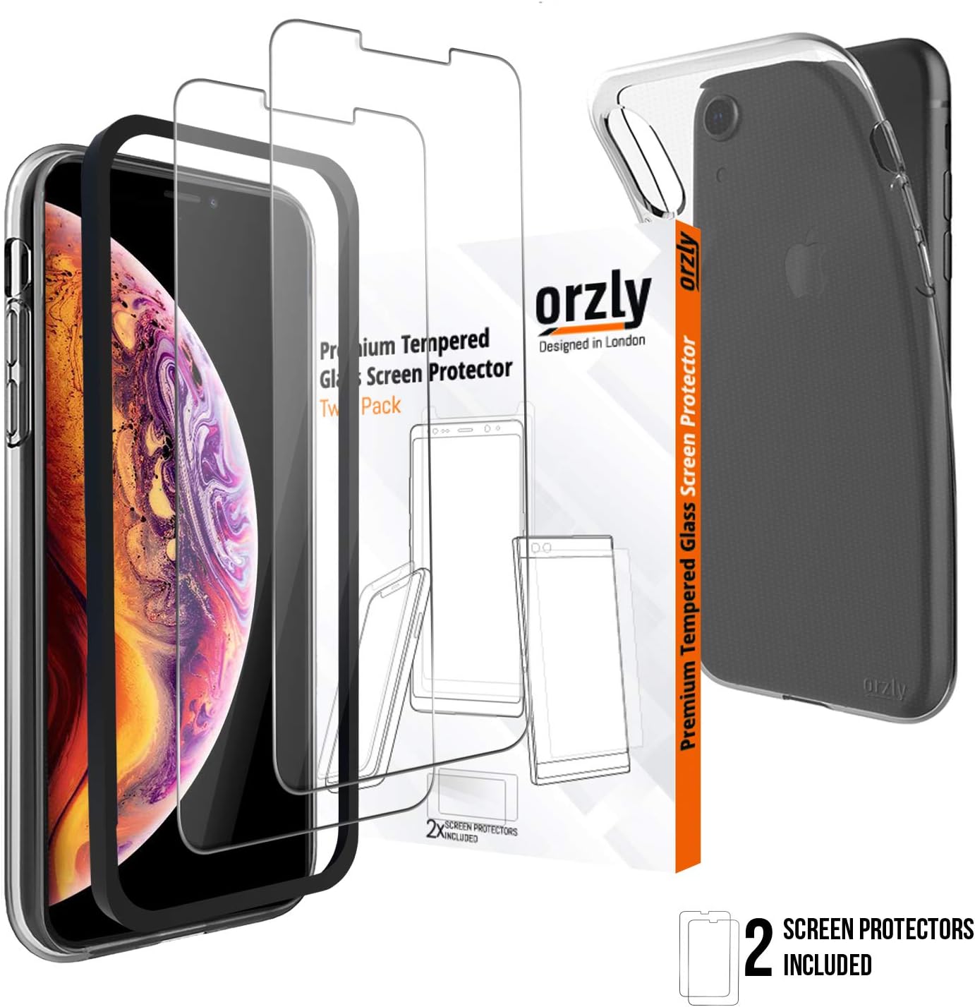 ORZLY® iPhone XR Screen Protector Tempered Glass for 6.1 inch XR. Pack of 3 Includes 2 x 0.22mm Screen Protectors & 1 Clear Flexicase for All Round Protection Plus Applicator Kit for Easy Installation