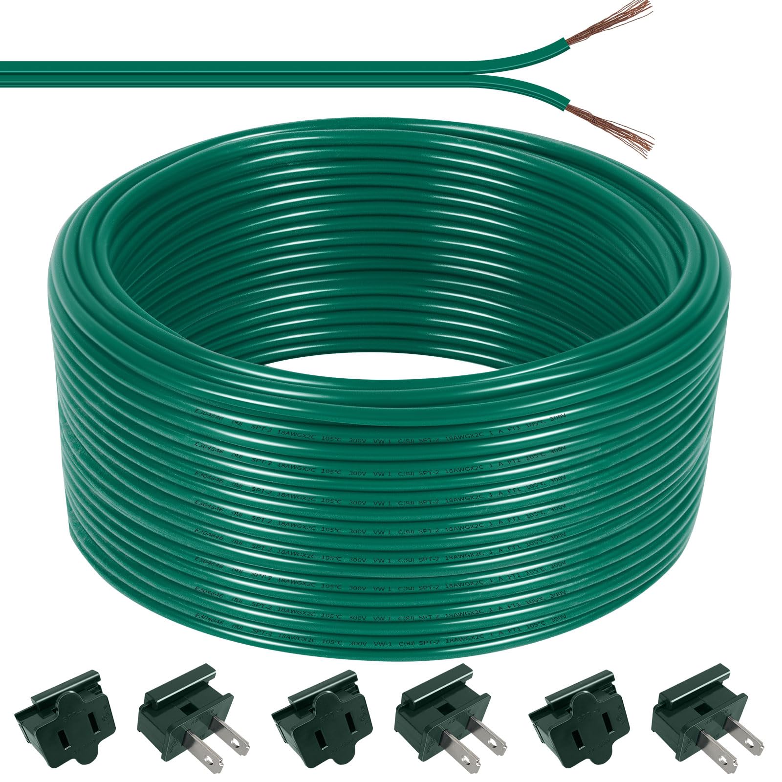 Photo 1 of 100FT SPT-2 Christmas Electrical Wire with 6pcs Vampire Plugs, 18/2 Gauge Low Voltage Extension Cord, 18 AWG 2-Conductor Flexible Wire for Outdoor Holiday Lights, Landscape Lighting