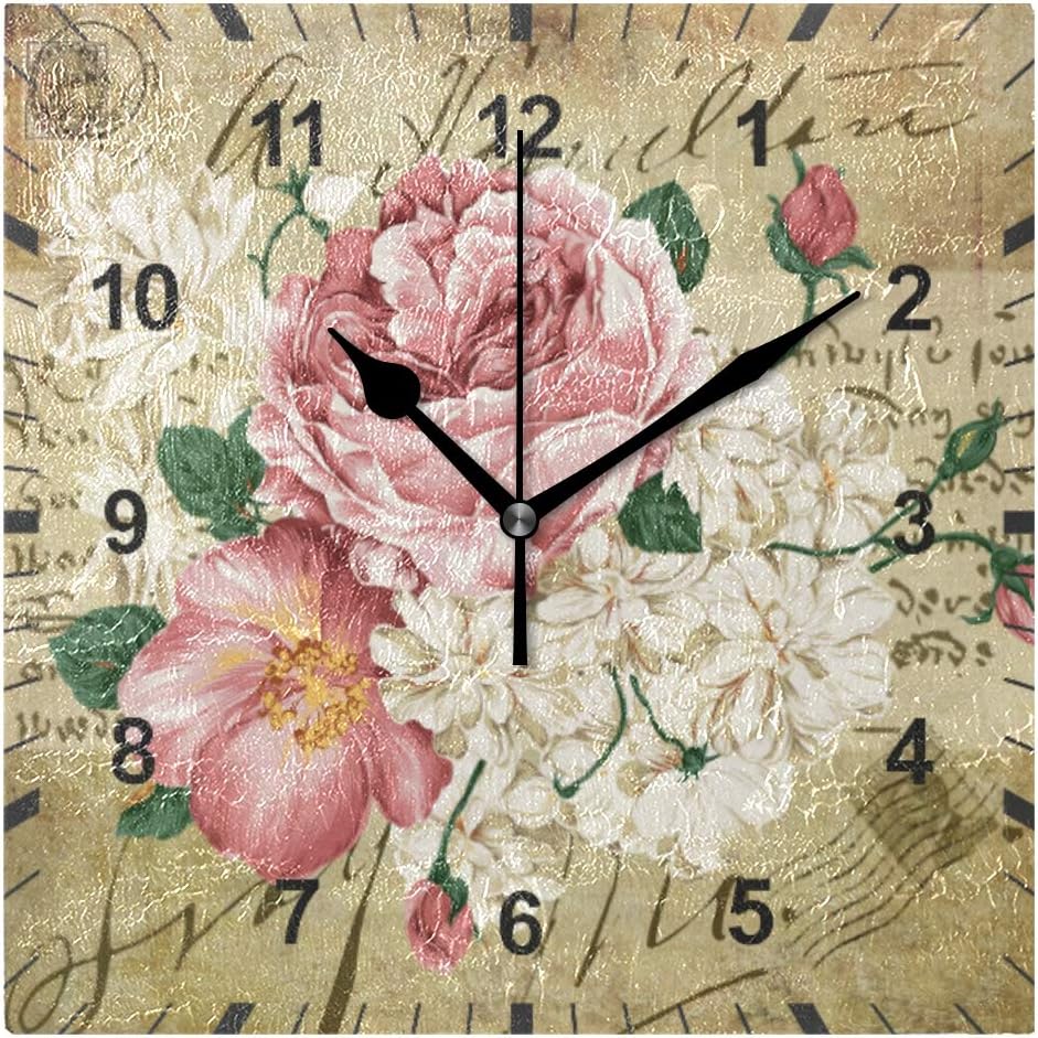 OREZI Non Ticking Silent Wall Clock,Vintage Shabby Chic Pink Rose Flowers Decor Clock for Gift Home Office Kitchen Nursery Living Room Bedroom