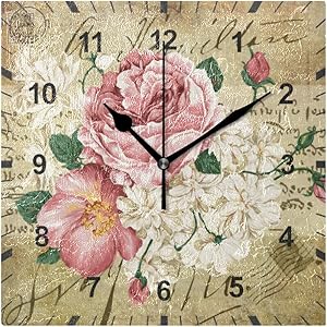 OREZI Non Ticking Silent Wall Clock,Vintage Shabby Chic Pink Rose Flowers Decor Clock for Gift Home Office Kitchen Nursery Living Room Bedroom