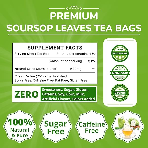 VIDA FARM 50 PREMIUM SOURSOP TEA BAGS, 100% NATURAL PURE SOURSOP LEAVES, PLEASANT TASTE, NATURAL FLAVOR, CAFFEINE FREE, HOJAS DE GUANABANA PARA TE, DRIED GRAVIOLA LEAVES GUYABANO TEA
