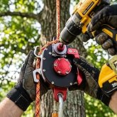 Pimluity Drill Powered Rope Ascender 330 Lbs Rating Arborist Winch | Cordless tool attachment lifts 150kg loads using an 8:1 gear ratio on 10.5-11mm static lines with mechanical fall arrest.