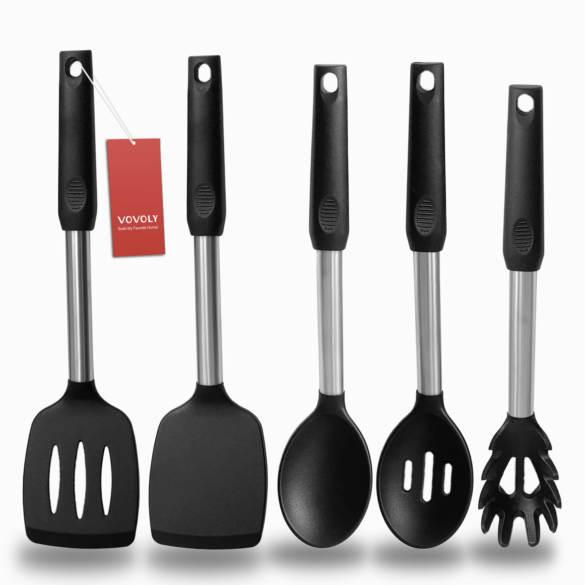 Photo 1 of Silicone Spatula and Cooking Spoon,5 Pack Non-Stick Cooking Utensils for Kitchen?Heat Resistant Solid & Slotted Spoons and Spatulas, Stainless Steel Handle Coated with Silicone,Black