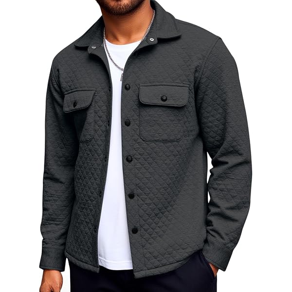 Amazon.com: Mens Quilted Shirt Jacket Lightweight Long Sleeve Snap