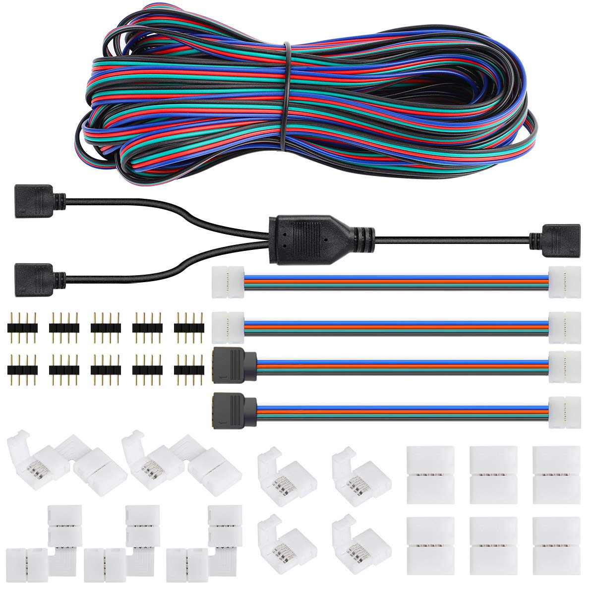 SUPERNIGHT LED Strip Connector 4 Pin 3528 2835 RGB Rope Lights Connector Kit 8mm, Gapless Solderless Clip, 32.8ft Extension Wire Cable, L Shape PCB (for 8mm Width Strip)