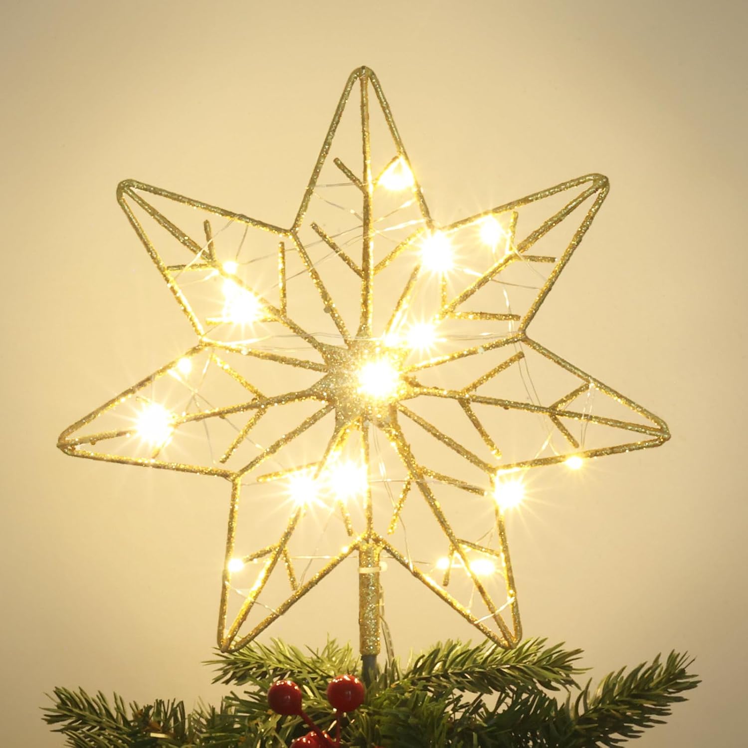 Tree Toppers - YEAHOME Christmas Tree Topper, Lighted Hollow 7-Point Star Tree Topper, Wire Star for Christmas Treetop with 20 LED Lights Xmas Tree Topper for Christmas Tree Ornament Decoration, Gold Glittered