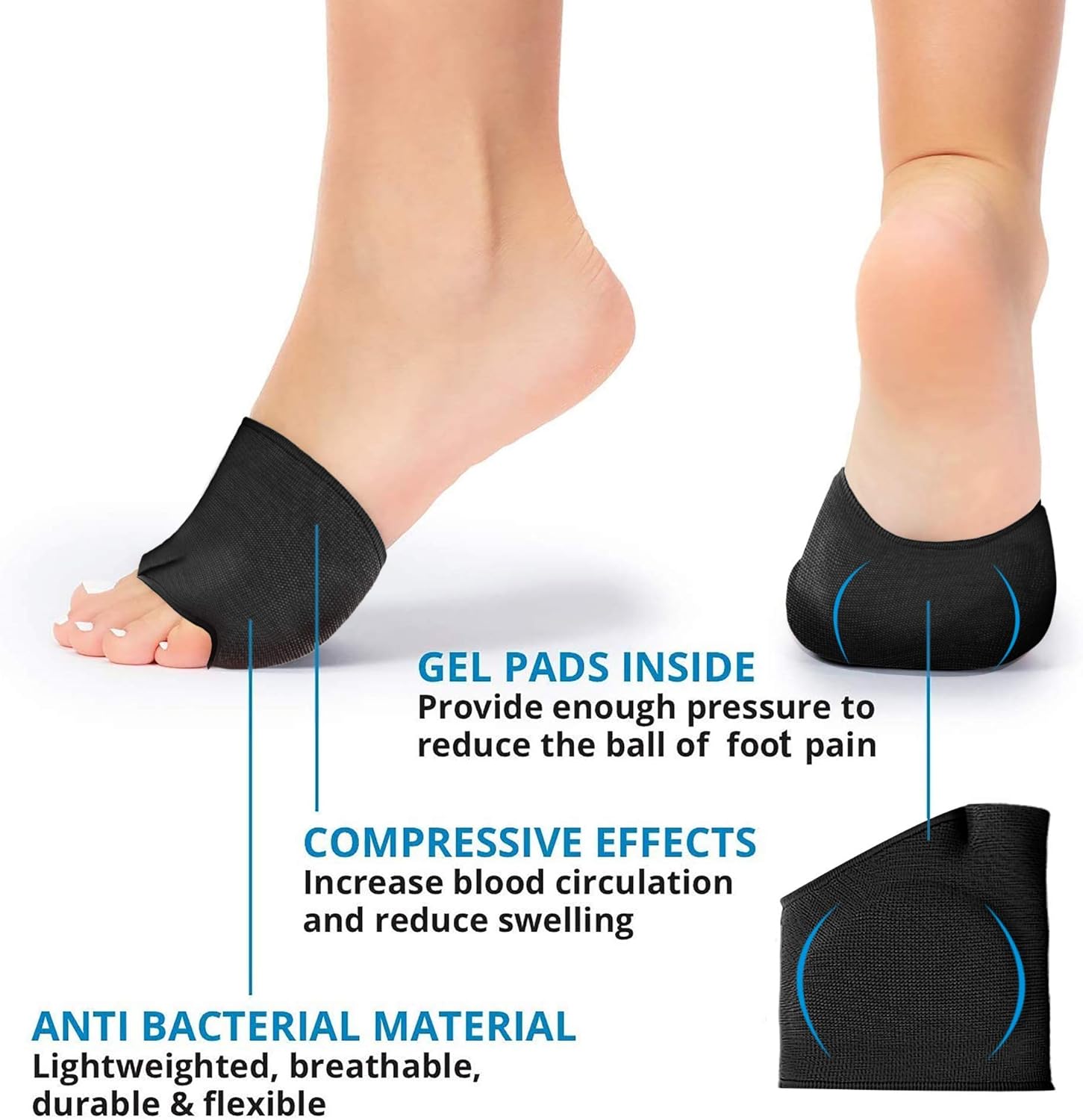 Metatarsal Sleeve with Gel Pads - 2 Pairs - Ball of Foot Cushions with Soft Gel - Fabric Compression - Help Metatarsalgia, Mortons, Neuroma, Calluses Blisters, Diabetic Feet - for Women, Men (Black): Health & Personal Care