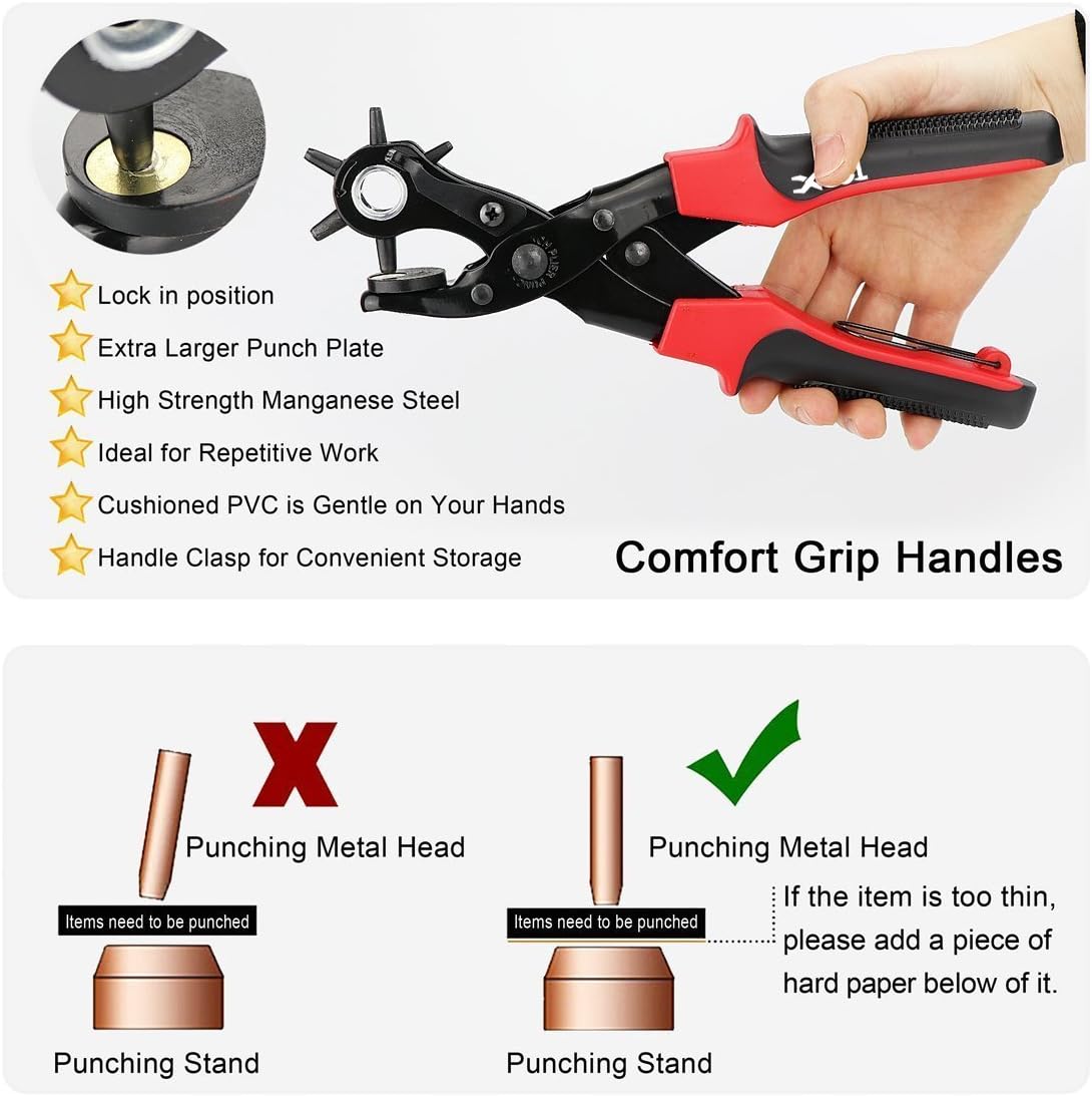 Revolving Punch Plier Kit, XOOL Leather Hole Punch Set for Belts, Watch Bands, Straps, Dog Collars, Saddles, Shoes, Fabric, DIY Home or Craft Projects, Heavy Duty Rotary Puncher, Multi Hole Sizes Make - - 