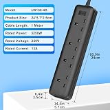 LIPWEL Black 1m 4 Way Extension Lead Power Strip Multi Socket 3250W Slim view 5