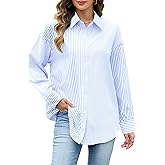 Quatrefox Women's Striped Button Down Shirts Long Sleeve Oversized Boyfriend Blouses Collared Work No Pockets Tops