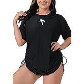 Halcurt Women's Plus Size Short Sleeve Rash Guard Swim Shirt Tie Drawstring UPF50+ Sun Protection Swimsuit Top