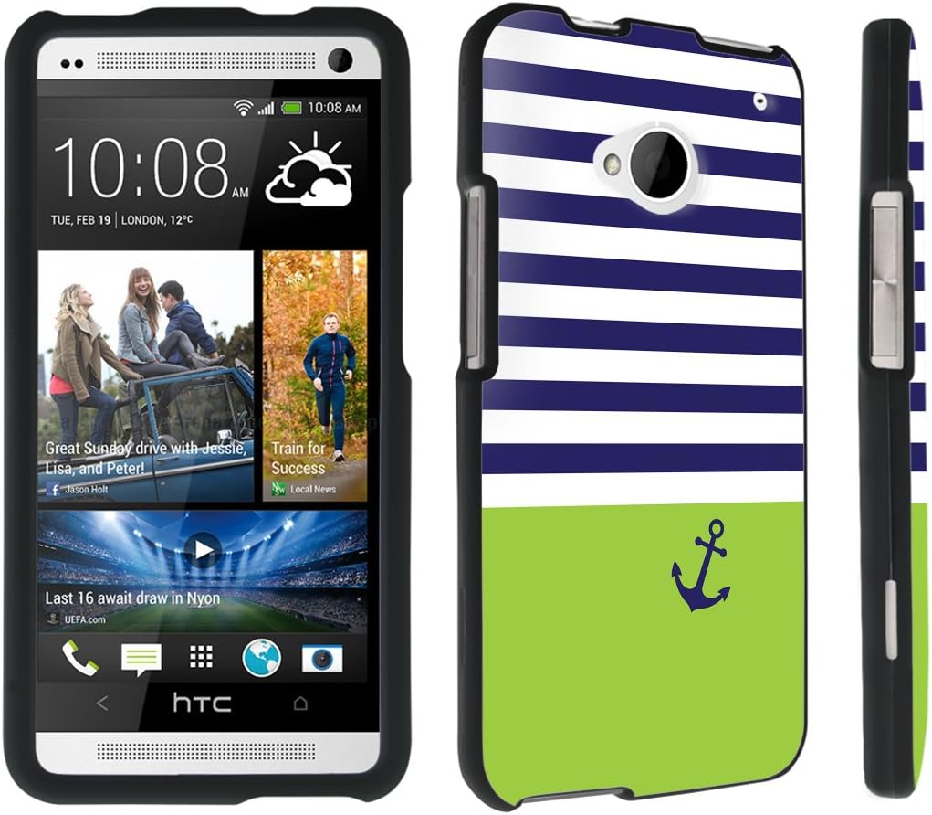 DuroCase ® HTC One M7 Hard Case Black - (Navy Stripe Anchor)