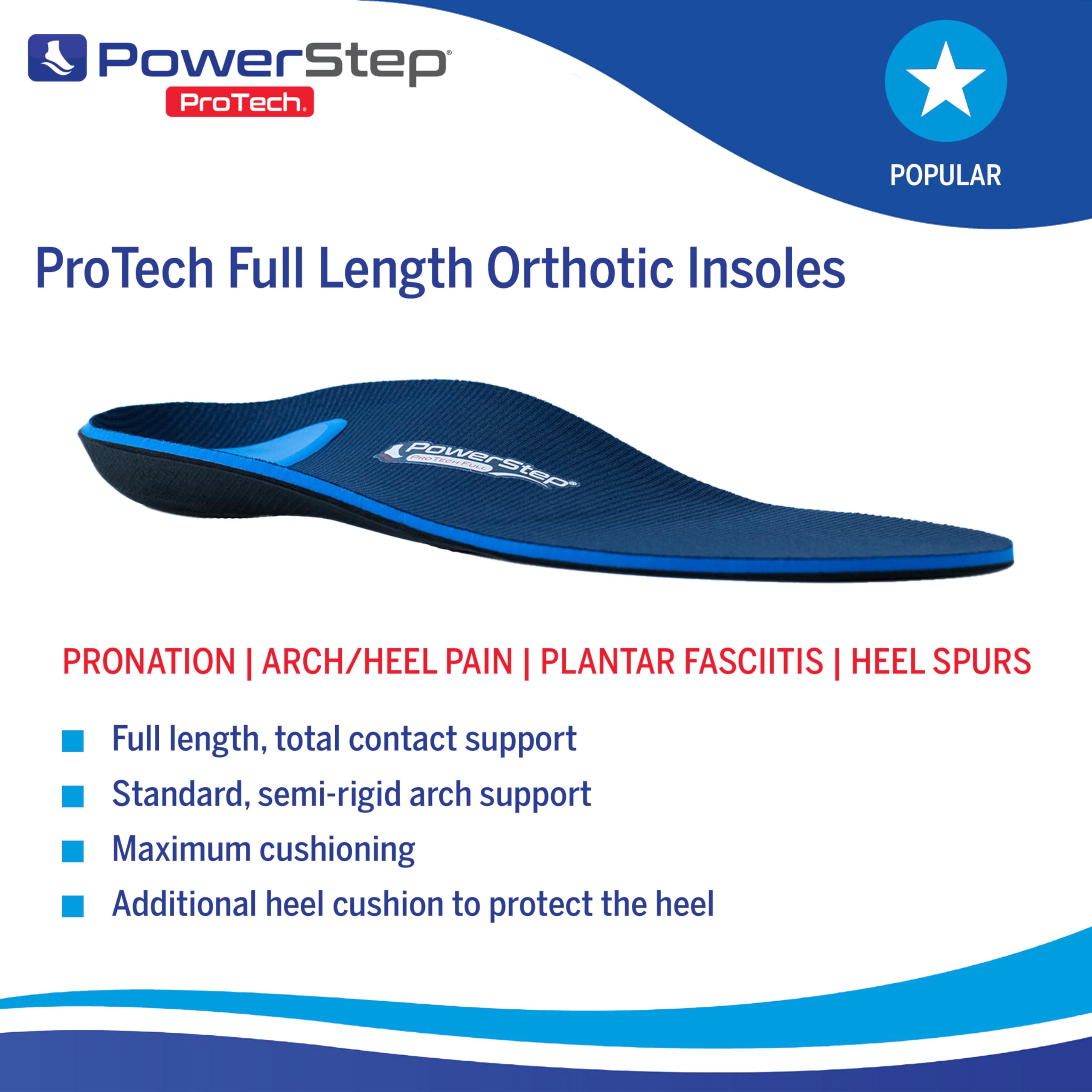 PowerStep ProTech Full Length Orthotic Insoles - Medical Grade Arch Support Inserts for Relieving & Preventing Plantar Fasciitis + Heel Pain - Maximum Cushioning + Memory Foam Orthotics