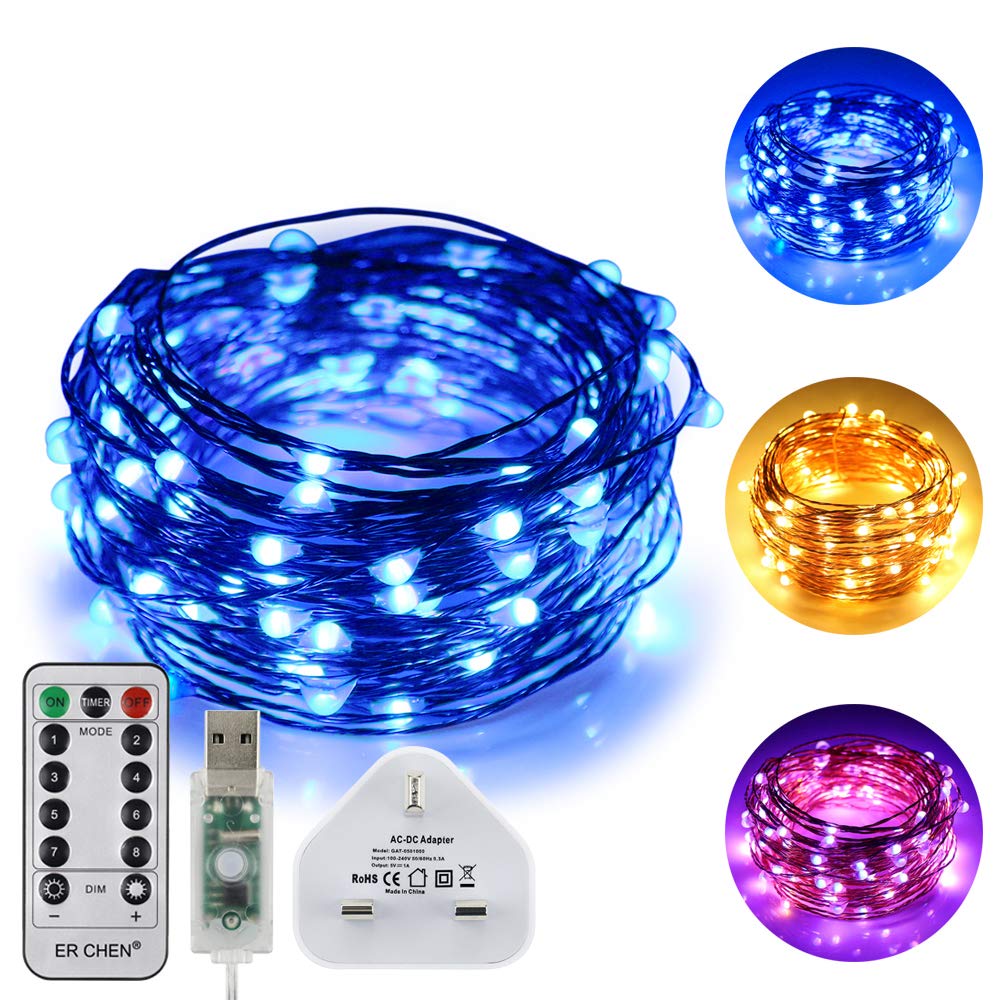 ER CHEN USB Dual-Color Led String Lights, 33FT 100 Leds Color Changing Dimmable 8 Modes Copper Wire Fairy Lights with Remote Timer for Indoor Outdoor Christmas (Warm White, Blue)