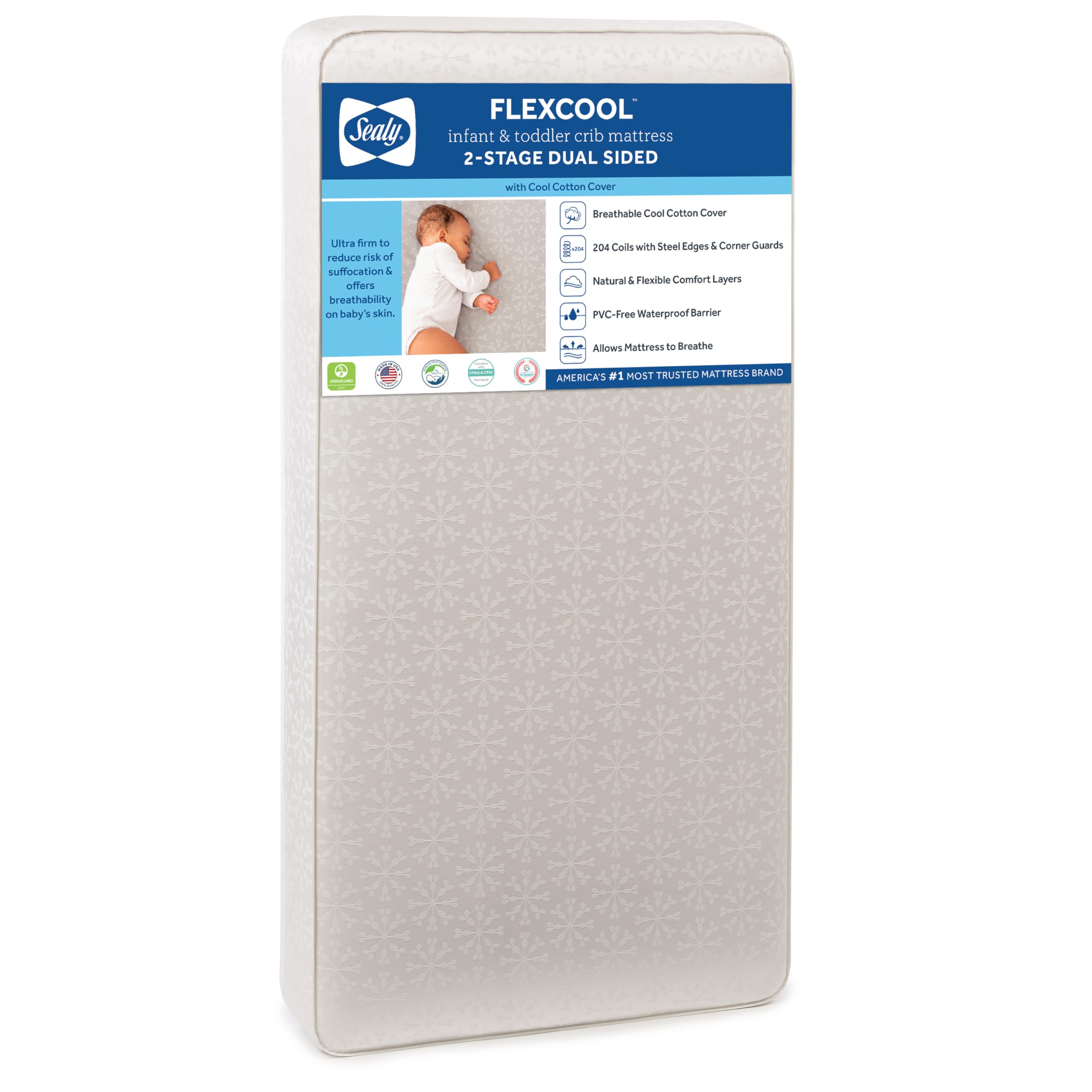 Photo 1 of Sealy Baby Flex Cool 2 Stage Breathable Crib Mattress with Toddler Bed Fit, Waterproof & Airy Cotton Cover, 204 Premium Coils, GREENGUARD Gold Certified, Safety & Quality Tested, Made in USA, 52x28"