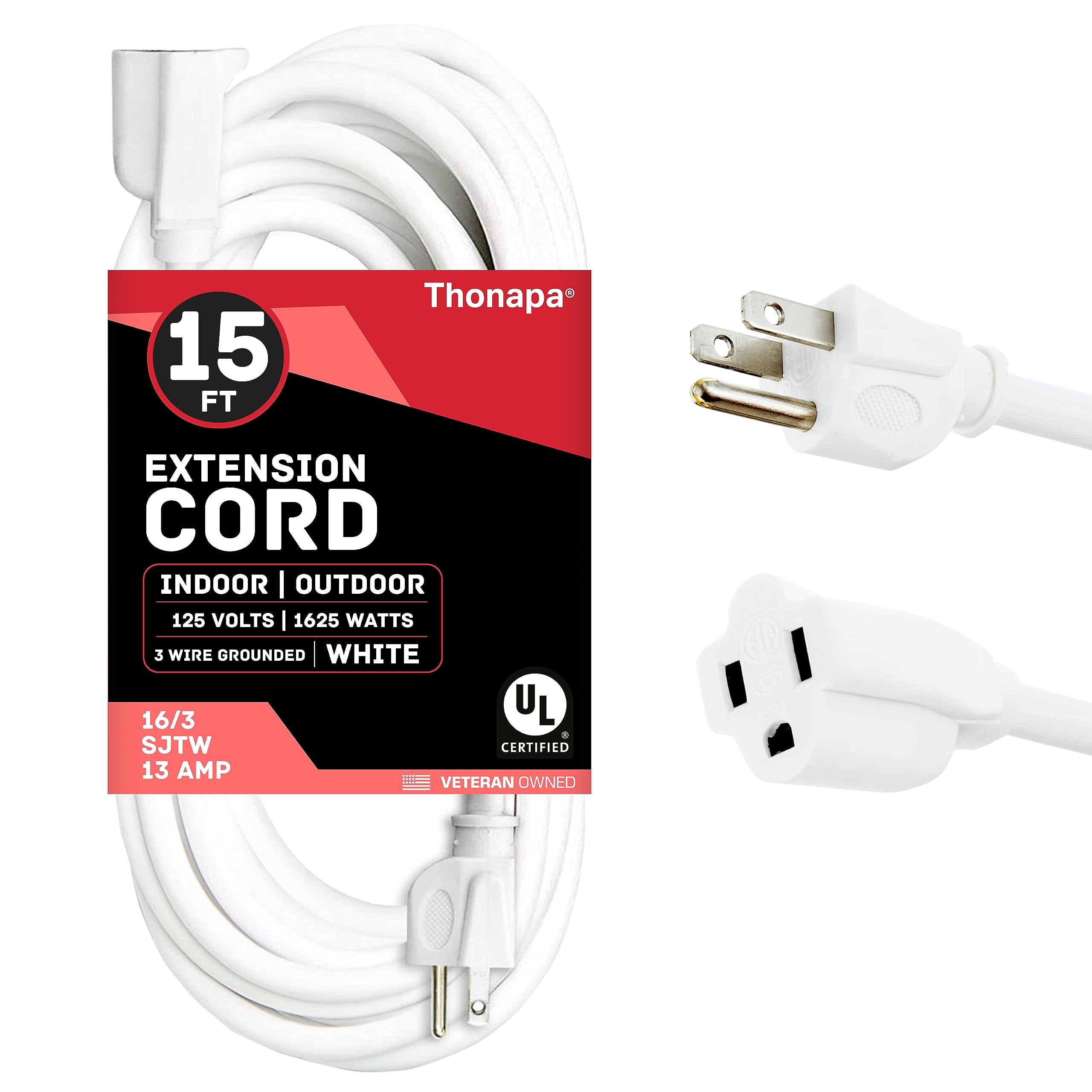 Thonapa 15 Ft Extension Cord with 3 Prong - White