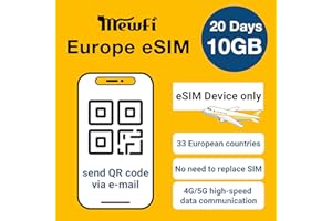 MEWFI Europe Prepaid Esim Card, 10GB Data for 20 Days in UK and Europe 33 Countries, Data Only Europe SIM Card for iPhone and Android, Not Physical Card