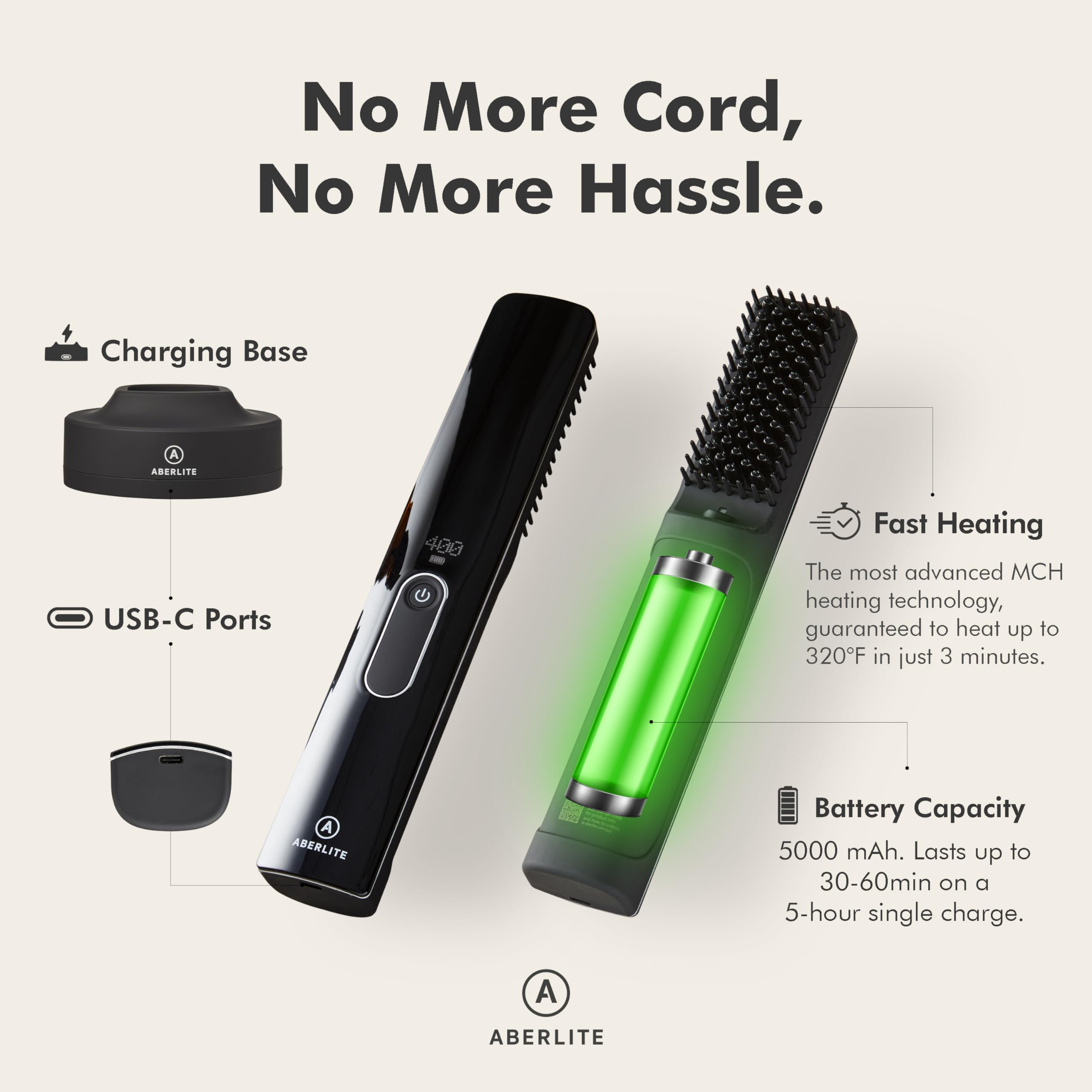 Aberlite Go 2 - Cordless Beard & Hair Straightener - Pain-Free Anti-Scald Comb Tooth - Advanced Ionic Conditioning - Wireless Straightener Heated Brush Comb- for All Beard Types