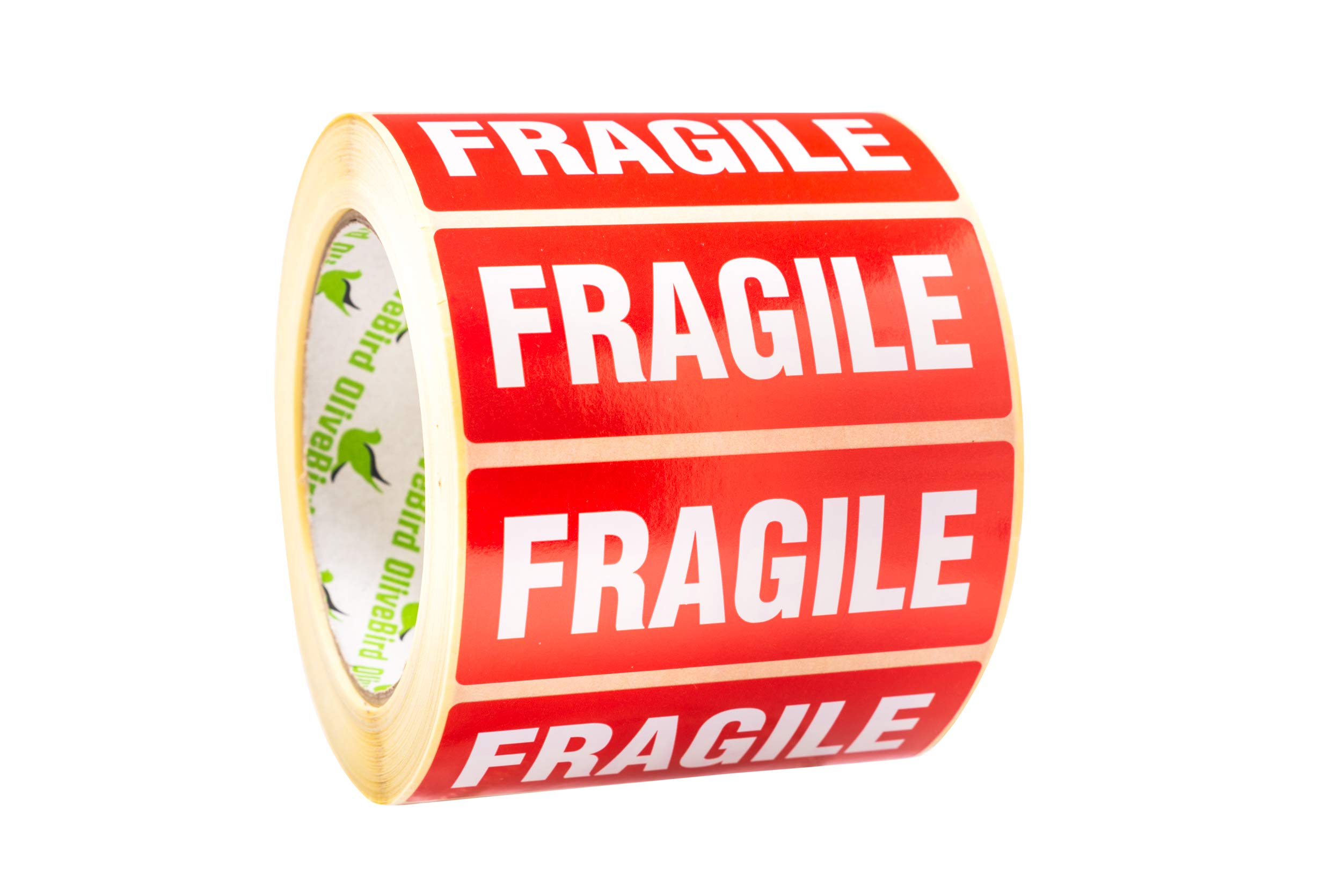 OliveBird 1,000 x Fragile Stickers White on Red 90x35mm 1,000pcs./ Roll with Text On Label - Fragile
