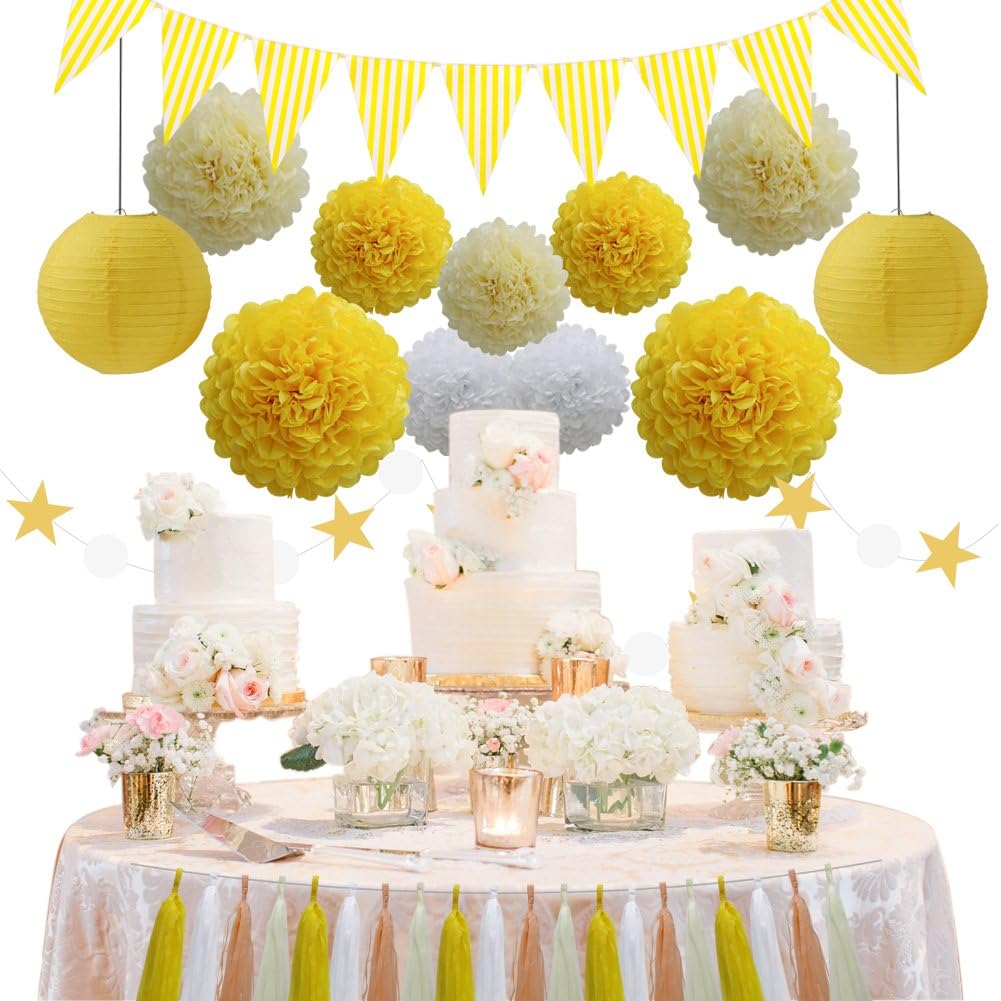 33pcs Party Decoration Supplies Set, Yellow Tissue Paper Pom Poms Flowers Paper Lanterns Tassels Hanging Garland Banner Triangle Flag Bunting for Birthday, Bridal, Baby Shower, Wedding Graduation: Arts, Crafts & Sewing