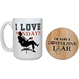 Huge Funny 15 oz Ceramic Mug and Wooden Coaster Set: Sarcastic I Love Mondays Mug with Coaster Punchline. Great for Coffee, Tea, Hot & Cold Beverages. Great Gag Gift for Friends, Family & Co-Workers!