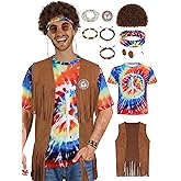 APHBPT 70s Outfits for Men - 10 Pcs Hippie Costume with Tie Dye Shirt, Fringe Vest & Accessories,60s/70s Retro Party Clothes